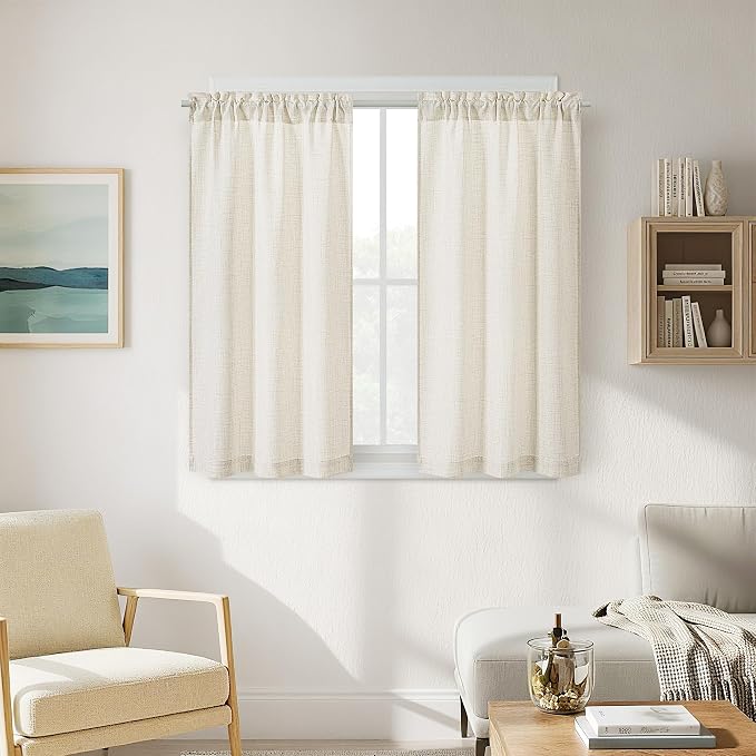 48 Inch Boho Linen Curtains for Cafe Kitchen Bedroom Bathroom Rod Pocket Semi Sheer Light Filtering Privacy Window Treatments Neutral Drapes for Small Window 2 Panels W34xL48