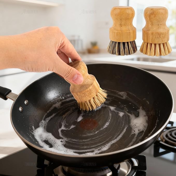 AUEAR, Natural Bamboo Dish Scrub Brush Cleaning Pot Scrubber Brushes Coconut Bristles for Cast Iron Skillet Pots Pans (2 Pack, 2 Colors)