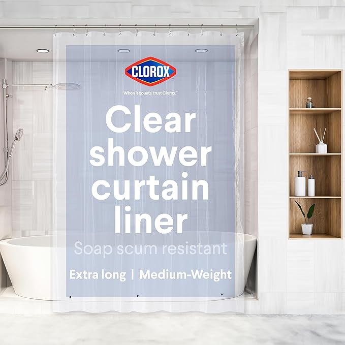 Clorox Shower Curtain Liner, Premium Medium-Weight Durable Waterproof 6g PEVA for Bathroom with Weighted Magnets, Extra Long 72" x 96", Frosty 1 Pack