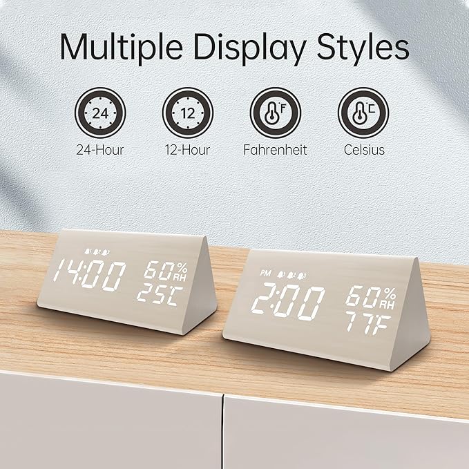 JALL Wooden Digital Alarm Clock for Bedroom, 3 Alarms with Large Numbers, Humidity and Temperature Display, 6-Level Dimmer, Snooze, Loud Desk Clock for Heavy Sleepers, Plug in (White)