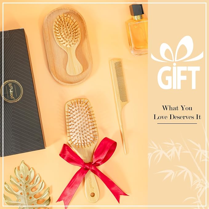 BFWood Bamboo Hair Brush Set, 3 PCS Natural Wooden Combs Paddle Detangling Hairbrush, Traveling Rat Tail Comb and Mini Paddle Brush for Women & Men