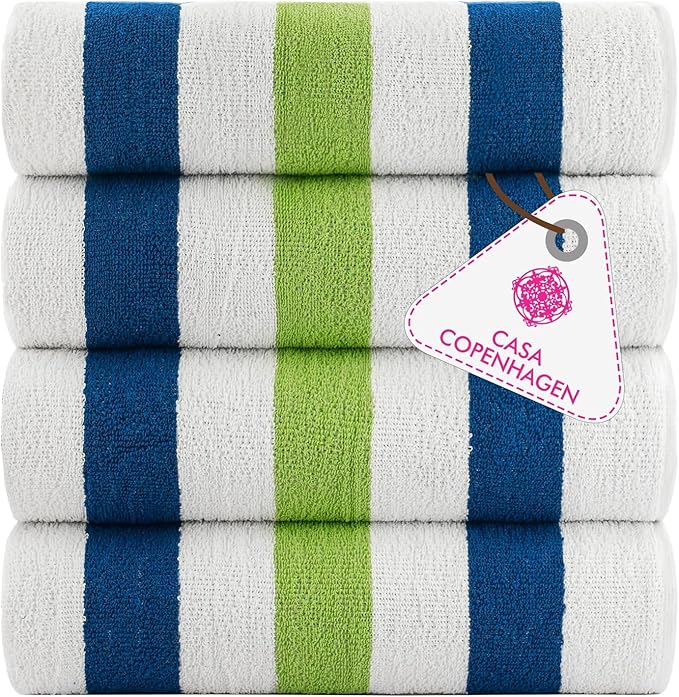 CASA COPENHAGEN Monaco Beach Towels Designed in Denmark Rough and Tough, Quick Dry, for Pool, Bath & Shower 30x60 inches 4 Pieces Cotton Beach Bath Towels Set - Grass Green