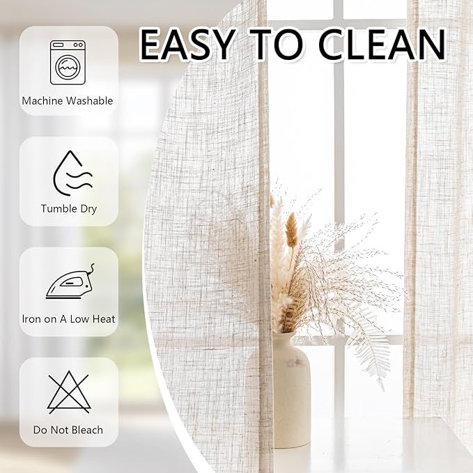MYSKY HOME Linen Curtains 30 Inch Length for Kitchen Window, Semi Sheer Light Filtering Cafe Curtain Tiers Rod Pocket Short Country Decor Drapes for Basement/Small Window, Linen, 2 Panels, 34 x 30 in