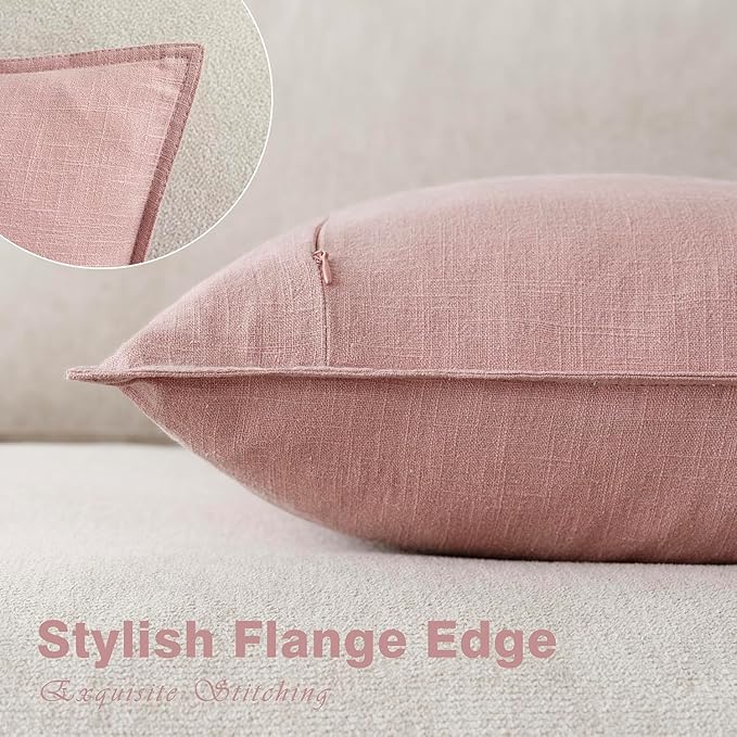 Foindtower Pack of 2, Decorative Linen Soild Throw Pillow Covers Soft Accent Cushion Euro Case Boho Farmhouse Pillowcase for Chair Couch Sofa Bedroom Living Room Home Decor 22 x 22 Inch Rose Pink