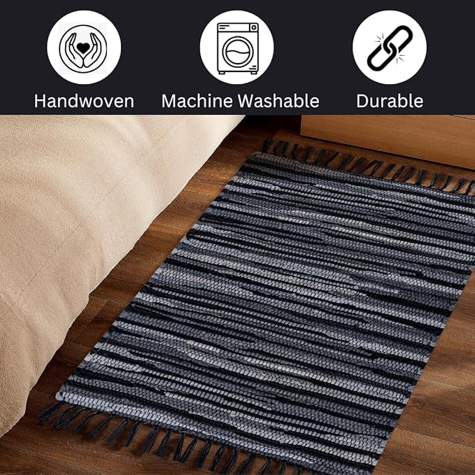 Cotton Chindi Rug - Boho Rustic Area Accent Throw Rug - Area Floor Carpet for Bedroom Living Room Kitchen Dorm Entryway Hallway - 20x32 inch Hand Woven Reversible Area Rug Black Multi