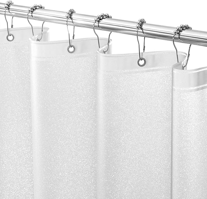 Seenus Waterproof Plastic Glitter Shower Curtain White, Sparkle PEVA Shower Curtain Liner with 3 Large Magnets, 72 x 72 inch Blingbling Shimmery Bathroom Décor Shower Curtain
