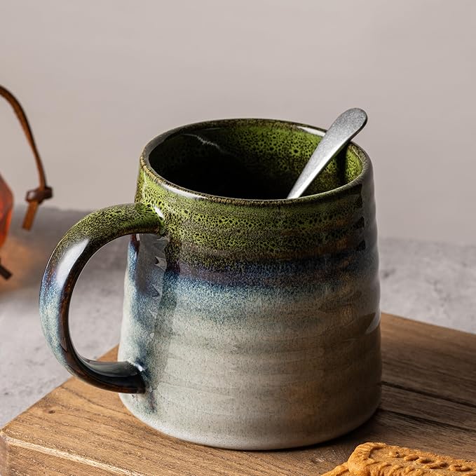 15.5 Oz Large Reactive Glaze Ceramic Mug, Heavy Weighted Stoneware Coffee Cup, Wide Base, Thick Wall Big Tea Cup with Custom Package Box, Microwave & Dishwasher Safe (Light Green)