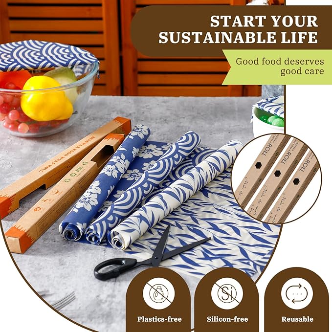 3 Rolls Reusable Beeswax Wraps for Food 13 x 40 Inches Bees Wax Wraps Reusable Food Storage Wrap Beeswax Paper Roll for Bread Sandwich Cheese Fruit Snacks(Vivid)