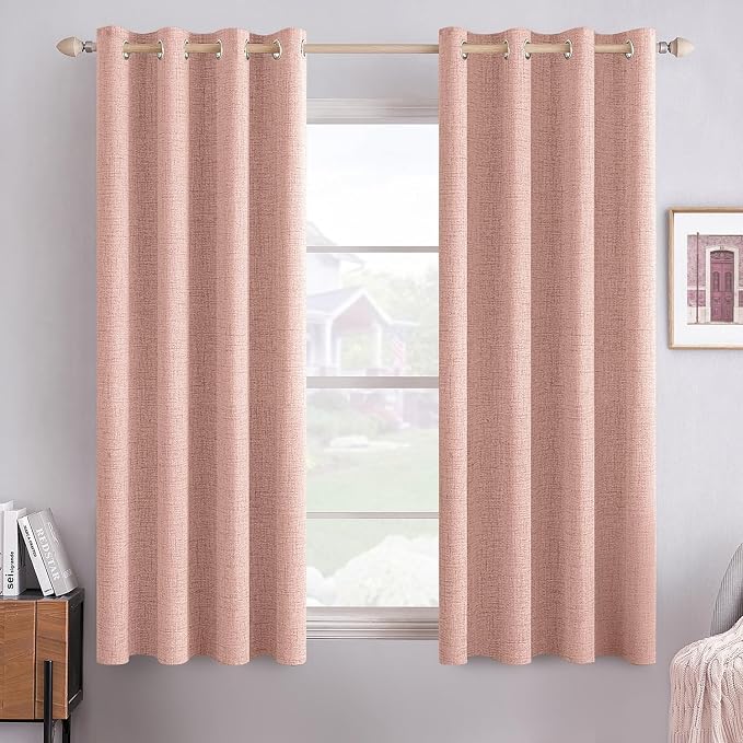 MIULEE Linen Curtains for Bedroom 100% Blackout Thermal Insulated Blush Pink Grommet Room Darkening Curtains & Drapes for Living Room 52 x 45 Inch (2 Panels)