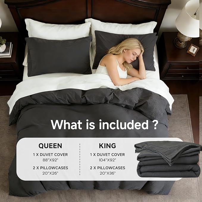 QKTE French Linen Duvet Cover Set, 3 PCS Natural French Flax Dark Grey Duvet Cover King Size, Breathable Soft Comfy Linen Bedding Comforter Cover with 2 Pillowcases(Dark Grey, 104" x 92")