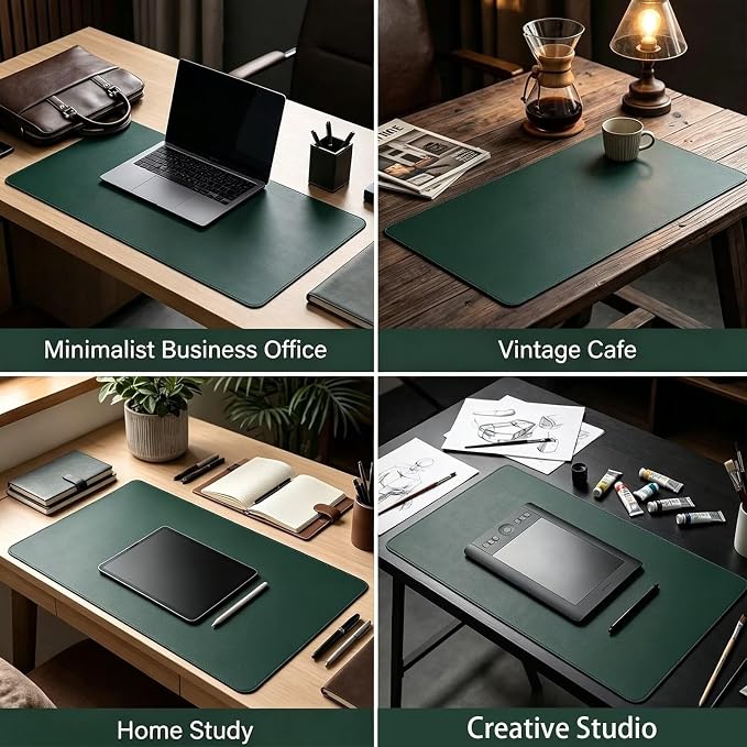 Double-Sided Desk Pad, 15.5"x19"Leather Table Mat, Desktop Protector,Large Mouse Mat,Waterproof Workspace Blotter for Office/Home(Dark Green)