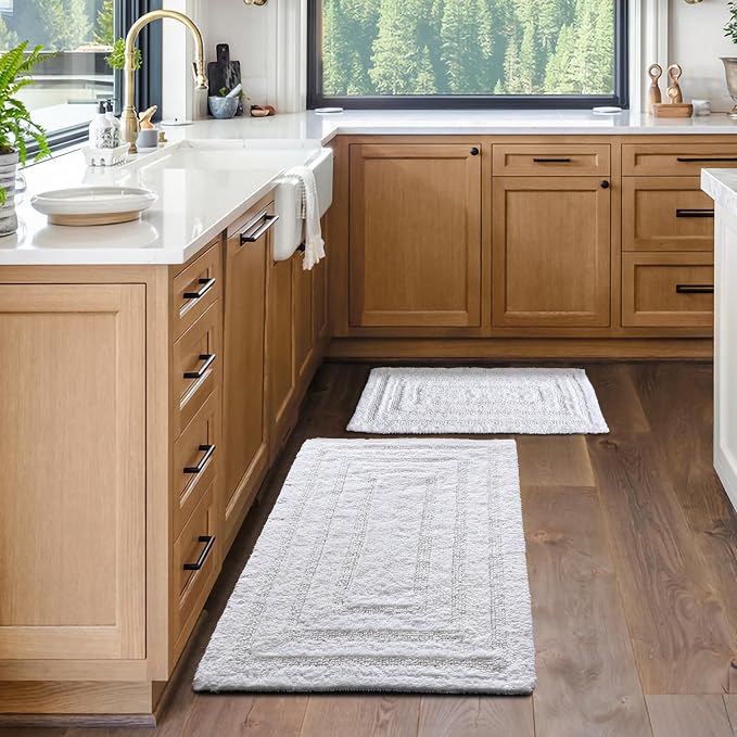 Bedding Craft Bathroom Bath Mat Rug Set of 2, 17x24 + 21x34, Off White | 100% Cotton, Reversible, Absorbent, Machine Washable, Soft Mats for Tub Side
