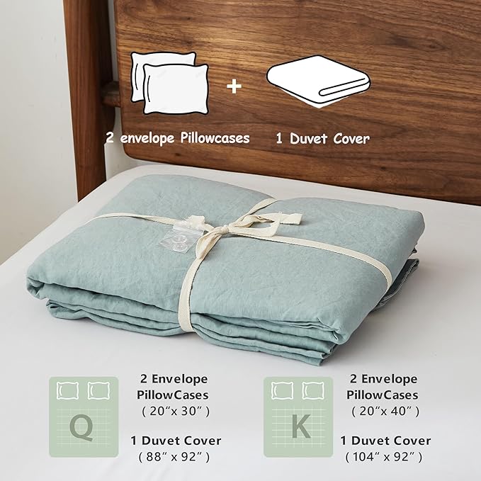 100% Linen Duvet Cover Set, 3 PCS Natural French Flax Dusty Blue Duvet Cover Queen Size, Breathable Soft Comfy Linen Bedding Comforter Cover with 2 Pillowcases(Dusty Blue, 88" x 92")