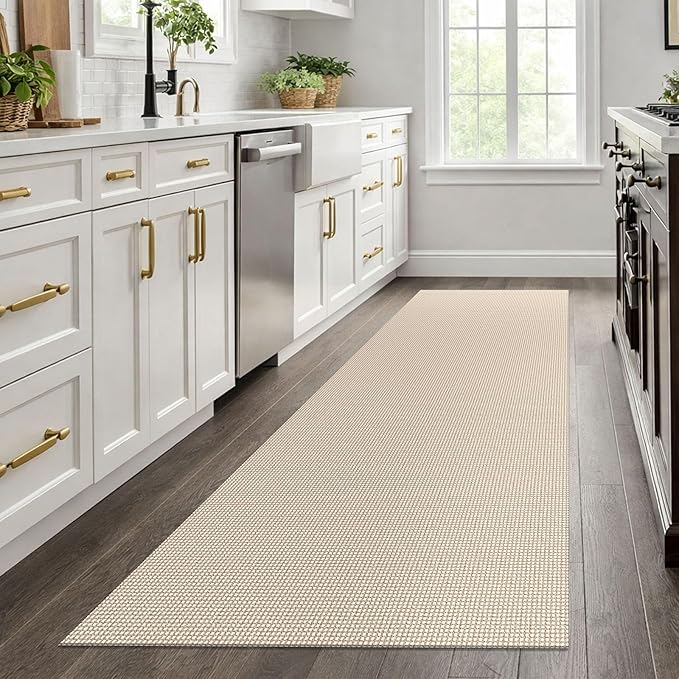 EARTHALL Woven Runner Rug 3x8 Ft Washable Runners for Hallways Wide Non Slip Rubber Backed Kitchen Runner Braided Indoor Floor Carpet for Entryway, Hallway, Kitchen, Bedroom, Beige/Ivory