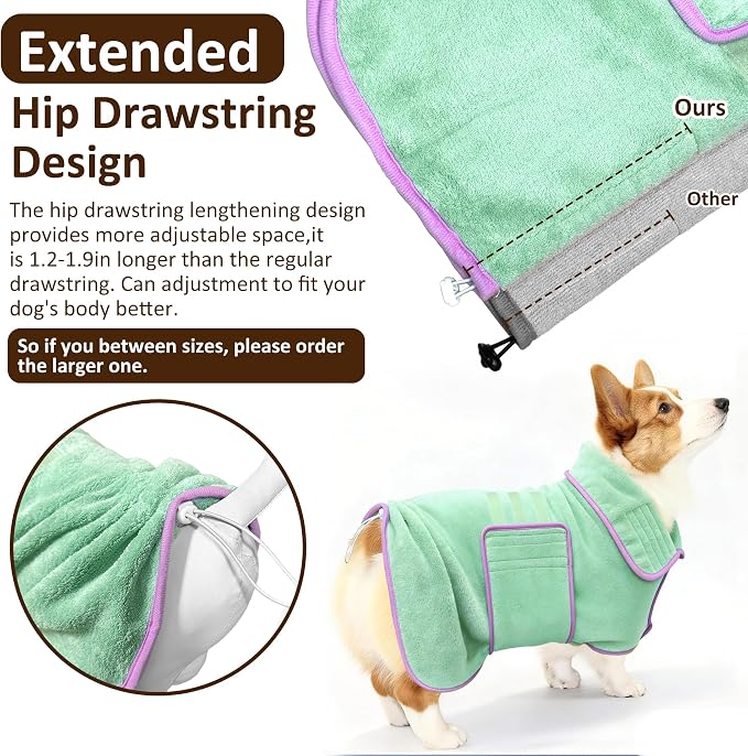 Soft Dog Bathrobe Fast Drying Dog Coat, Super Absorbent Dog Towels for After Bath, Microfiber Pet Robe Adjustable Collar & Belly Warm Keeping Dogs Coat for Pet Dogs & Cats (Green, Large)