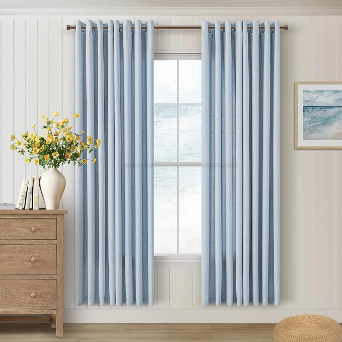 72 Inch Blue Curtains for Girls Bedroom Semi Sheer Non See Through Privacy Flax Linen Bronze Grommet Drapes Modern Coastal Light Blue Boho Living Room Curtains 72 Inch Length 2 Panels Set