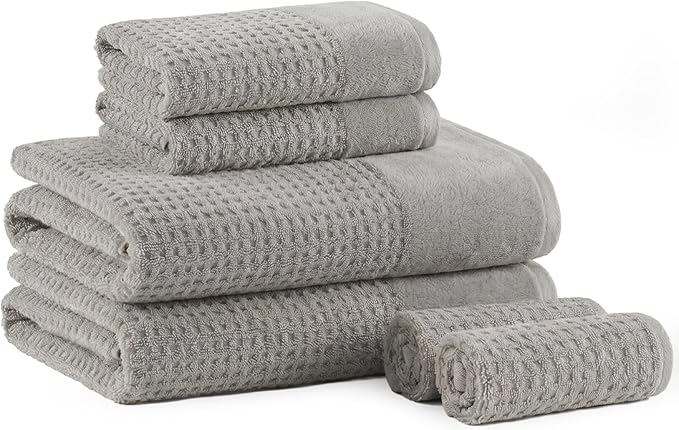 Madison Park Spa Waffle 100% Cotton Luxurious Towel Set, Premium Texture Waffle Weave, Highly Absorbent, Quick Dry, Hotel & Spa Quality Wash Clothes for Bathroom, Assorted Sizes, Grey 6 Piece