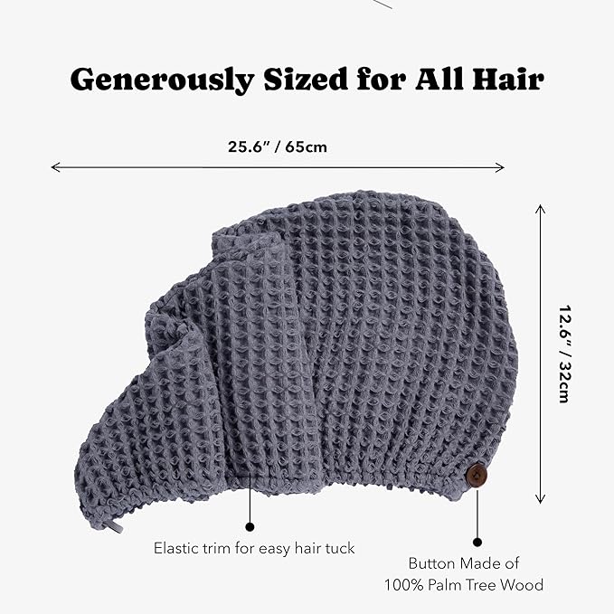 Luxury Organic Japanese Cotton Hair Drying Waffle Towel Wrap for Women | Absorbent, Quick-Dry Head Turban for Shower, Sauna, Spa | Extra Large for Long, Curly, Straight Hair With Button (Grey, 2 Pc)