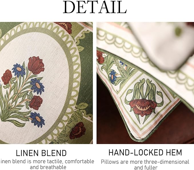 ISAENNE Design Linen Square Throw Pillow Covers 18"x18" Pack of 2, Yellow Green French Cushion Covers with Red Rose Floral Pattern Decoration Pillowcases for Bed, Living Room, Outdoor, Car