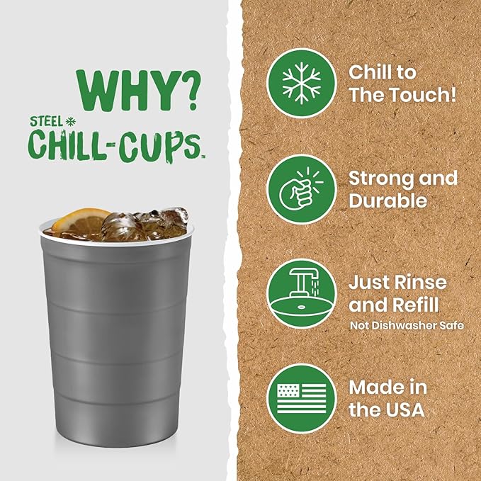 Steel Chill Cups 16 oz. Party Cups, Perfect for Cold Drinks, Sturdy & Durable, Disposable and 100% Recyclable, Made in USA, Gray, 180 Count