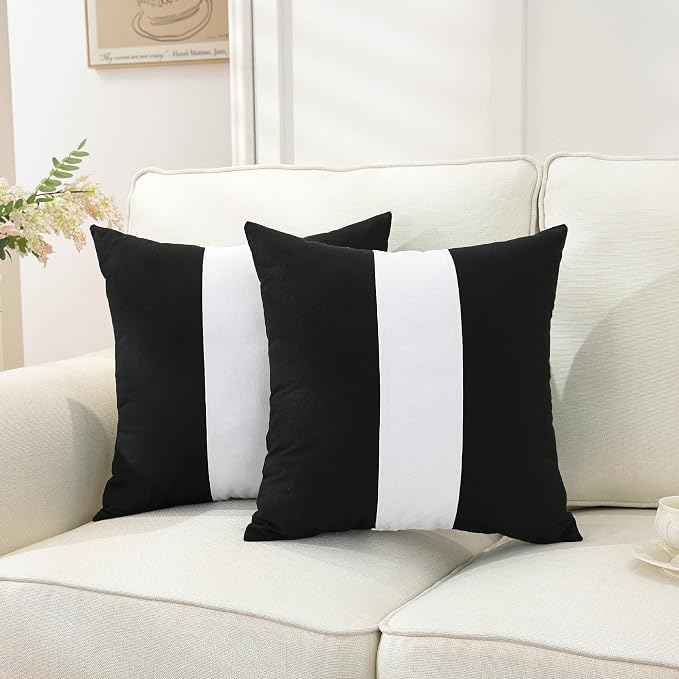 TAOSON Set of 2, Black 100% Cotton Canvas Patchwork Throw Pillow Covers 18x18 Inch, Modern White Striped Farmhouse Decor Cushion Covers for Sofa Couch Bedroom Living Room