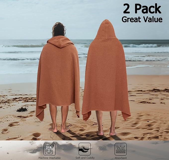 COTTON CRAFT Hooded Bath Towel – 2 Pack Oversized 35x70 Waffle Weave Towel with Hood for Adults - 100% Ringspun Cotton Pool Bath Sheet Wrap with Hood - Soft Super Absorbent Quick Dry – 450 GSM – Mocha