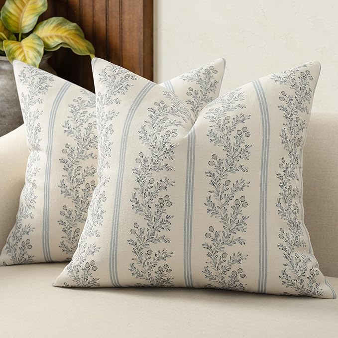Vintage Throw Pillow Covers 24x24 Set of 2, Striped Floral Pillow Cover Botanical Patterned Decorative Cushion Covers Modern Farmhouse Home Decor for Sofa Couch Bed Living Room, Light Blue