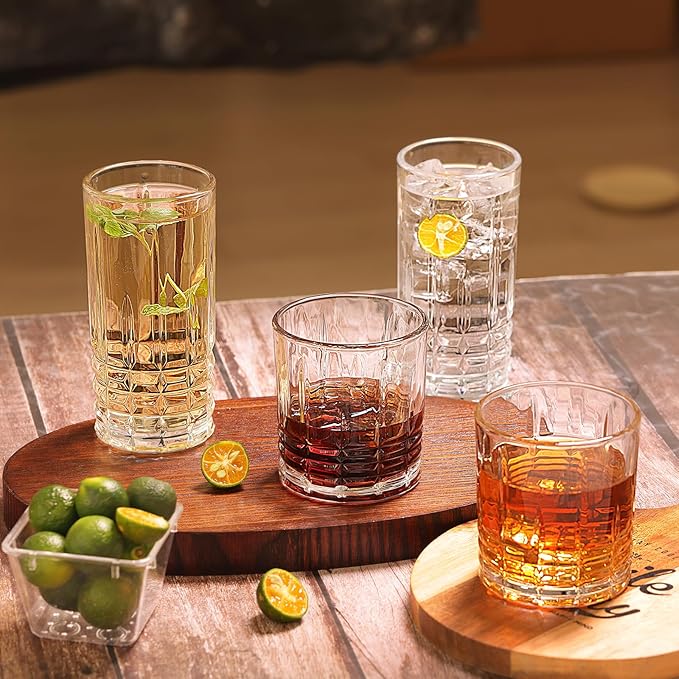 Moretoes Drinking Glasses Set of 12, 6 Highball Glasses 12 Oz,6 Rocks Glasses 10 Oz,Mixed Drink Cocktail Glass, Vintage Embossed Glassware Sets for Whiskey, Cocktails, Water & Juice