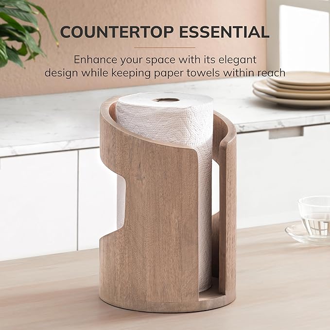 Anji Mountain Wooden Paper Towel Holder Countertop with Mango Wood Round Base and Iron Holder, Holder Stand for Kitchen Roll Organizer & Kitchen Dining Table Home Decor - Biscotti/Nickel, Arc Hold