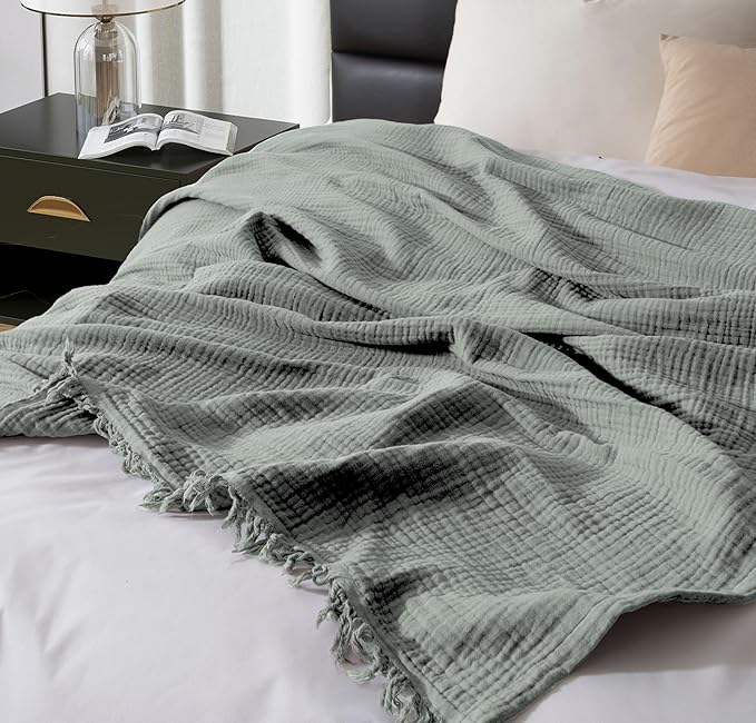 KyraHome 100% Organic Cotton Muslin Throw Blanket, 90"x90" Queen Size, Plant Dyed, Warm, Breathable Gauze Muslin Cotton Blankets for Bed, Cocuh, Coverlet, All Season, Sage Green