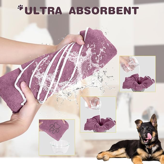 Chumia 4 Pack Dog Towels for Drying Large Microfiber Grooming Tools Absorbent Soft Bath Supplies with Embroidered Paw for Small Medium Pet Products(30 x 50 Inch,Purple)