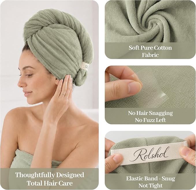 ROLSHOL Cotton Hair Towel Wrap for Women, 2 Pack 100% Cotton Hair Drying Towels for Long, Thick & Curly Hair, 32" x 11" Large Hair Turban for Wet Hair with Elastic Band (Green)