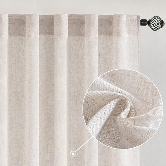 MIULEE White Linen Curtains 96 Inch Long for Bedroom Living Room, Soft Thick Linen Textured Window Drapes Semi Sheer Light Filtering Rod Pocket Back Tab Burlap Look Farmhouse Decor, 2 Panels
