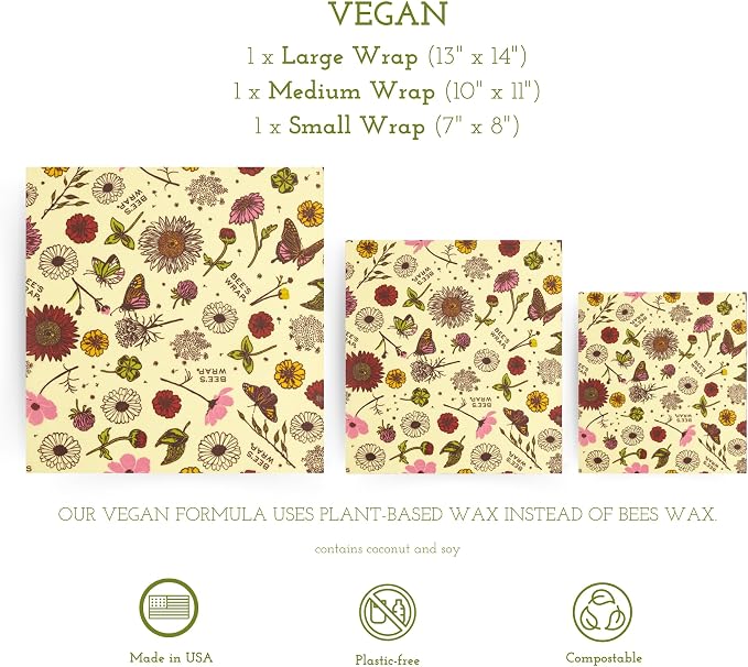 Bee's Wrap Vegan Beeswax Wraps for Food - 3 Pack of Assorted Beeswax Wraps - Small, Medium & Large Wrap - Plastic Free Made in USA Reusable Natural Food Wrap - Meadow Magic Print