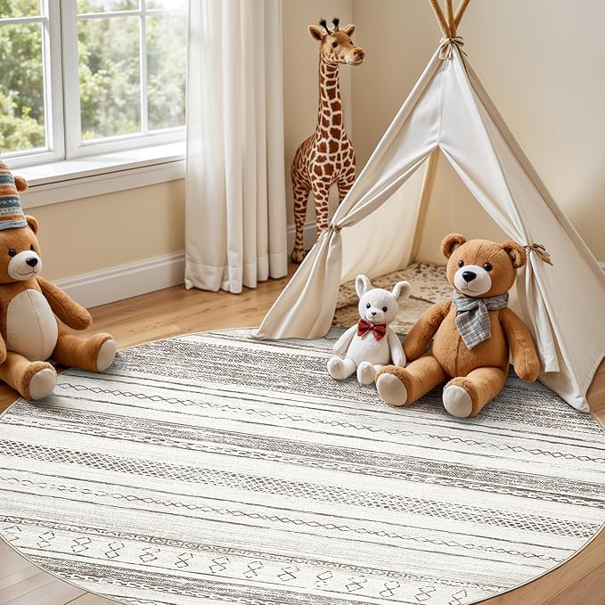Tortania 8' Round Area Rug Living Room Rugs - Washable Large Soft Neutral Boho Moroccan Bohemian Farmhouse Rug Indoor Floor Carpet for Bedroom Under Dining Table Home Office Decor - Cream/Brown