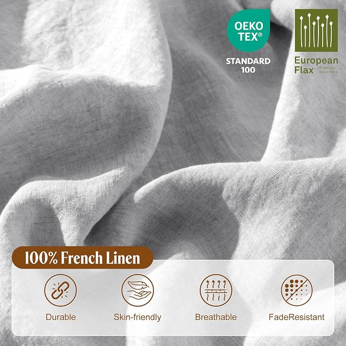 LBRO2M 100% France Linen Duvet Cover Set 3 Pcs Including 1 Flax Comforter Cover with Zipper Closure, 2 Pillowcase, Cozy Duvet Cover Full Size, Gray