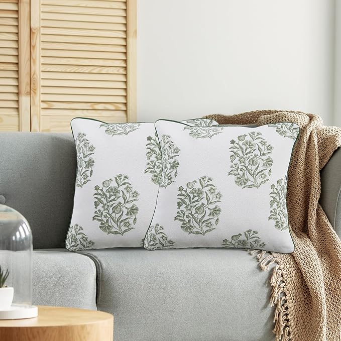 CPC Sage Green Block Print Throw Cushion Cover 24 x 24 Inch Set 2 - Decorative Boho Floral Pillow Case for Living Room, Bed, Sofa, Couch, Home Decor Cushion Cover Gift for Spring, Mother's Day