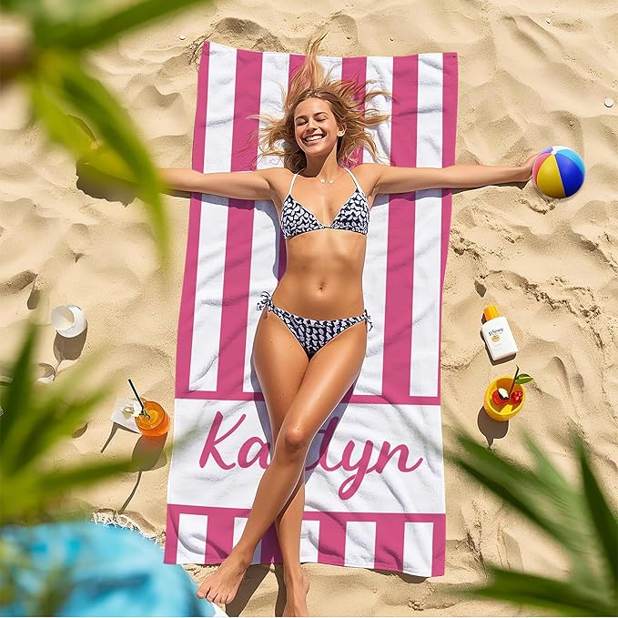 JML Personalized Beach Towel with Name, Custom Cabana Stripe Beach Towel, Customized Microfiber Pool Towel, Quick Dry & Absorbent Swim Towel for Adult,Anniversary, Birthday, Summer Holiday,Vacation