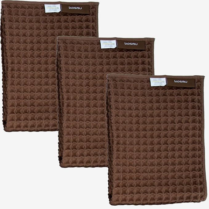 Luxury Organic Japanese Cotton Waffle Bath Towel | Thick, Absorbent, Quick Dry Bathroom Towels for Shower, Sauna, Onsen| Hotel & Spa Quality, Gift-Ready (Dark Cocoa, Hand Towel (3 Pack))