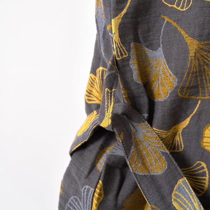 100% Cotton Gauze Ginkgo Leaf Kimono Robe, Long Knit Loose Bathrobe Nightgown Ladies Loungewear Sleepwear for Women