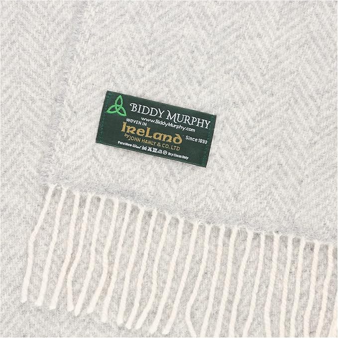 Biddy Murphy Irish Merino and Cashmere Wool Throw Blanket, Made in Ireland, Heirloom Quality, 54" x 71", Pale Grey Herringbone Pattern