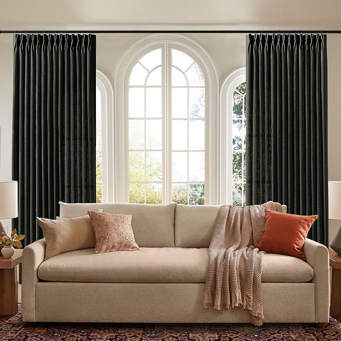 IVAPUPU Black Pinch Pleated 84 Inch Curtains for Living Room, Airy Privacy Semi Sheer Curtain with Pleated Hooks Rings Linen Blend Memory Trained Back Tab Drapes for Bedroom Office, 2 Panels, W40xL84