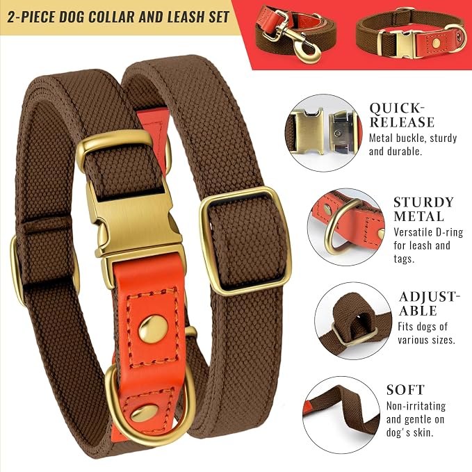 Dog Collar and Leash Set with Metal Quick Release Buckle, Adjustable, Breathable Nylon, Durable, Soft and Comfortable, No Pull for Walking and Training, Brown, L (14.9"-22.8")