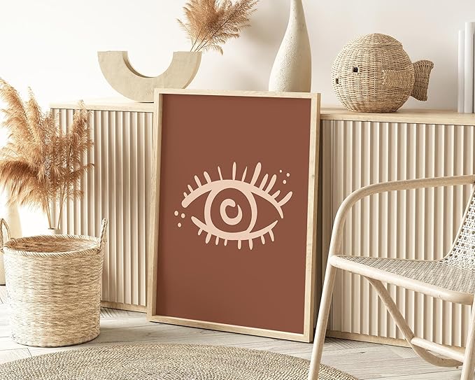 Y2K BOO Mystical Evil Eye UNFRAMED Wall Art Nazar Protection Symbol Earth Tones Terracotta Mid Century Modern 24x36 Inch Heavyweight Paper Boho Spiritual Decor