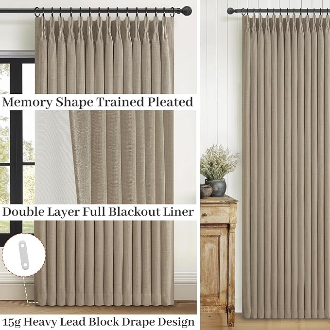 Blackout Memory Trained Pinch Pleated Curtains 84 Inch Length for Living Room, Country Taupe Natural Linen Thick Burlap Two Layer Heat Blocking Window Drapes for Bedroom 2 Panels Set 40"W x 84"L Birch