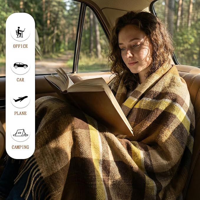 Soft Pure Wool Throw Blanket, Lightweight Warmth, 55"x83", Plaid, Fringe, Compact with Bag, Useful Gift for Women Men, All Season Decorative Cozy Travel Blanket for Couch Bed, Outdoors