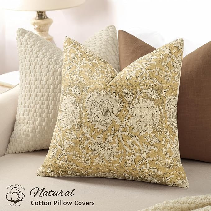 Vintage Floral Print Throw Pillow Covers 26x26 Set of 2 Neutral Modern Farmhouse Pillowcases Accent Decorative Cushion Covers Boho Home Decor for Couch Sofa Chair Bed Living Room, Yellow