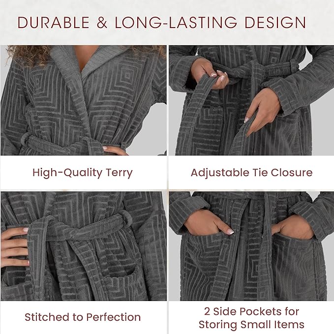 Be Relax Bathrobe for Women - Full Length Terry Cotton Robe with Shawl Collar and Hood, Warm and Cozy Robe with Belt & Pocket