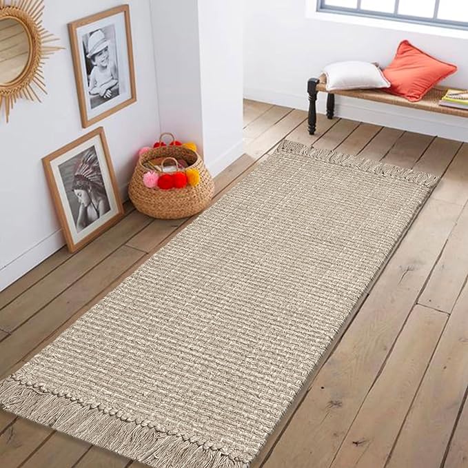 Chardin home Sand & White Reversible Runner Rug, 2x5 feet Machine Washable Cotton Rug, Perfect for hallways, stairwell, Kitchen Bedroom