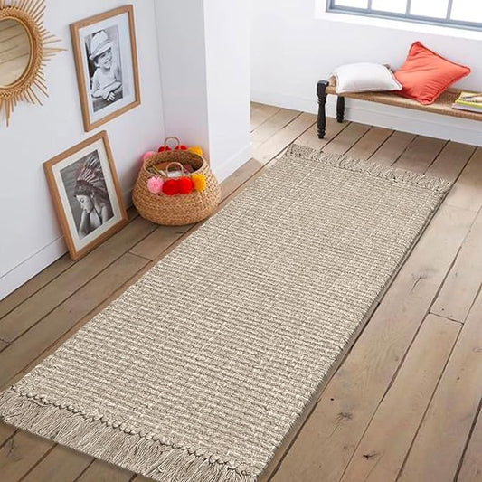 Chardin home Sand & White Reversible Runner Rug, 2x5 feet Machine Washable Cotton Rug, Perfect for hallways, stairwell, Kitchen Bedroom